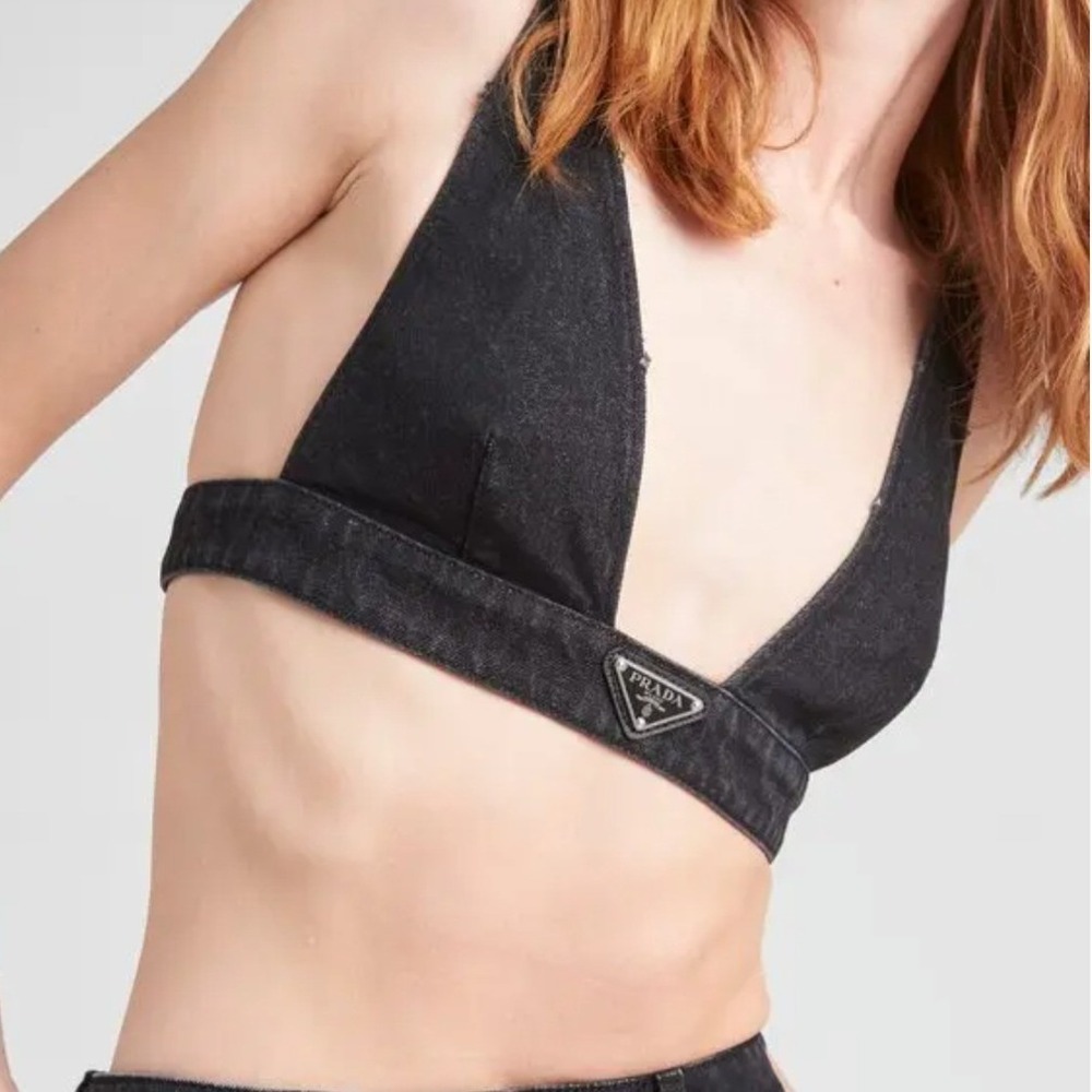 Prada Black Denimā V-Neck Bralette Triangle Logo Crop Top IT 38 US 2 Authentic